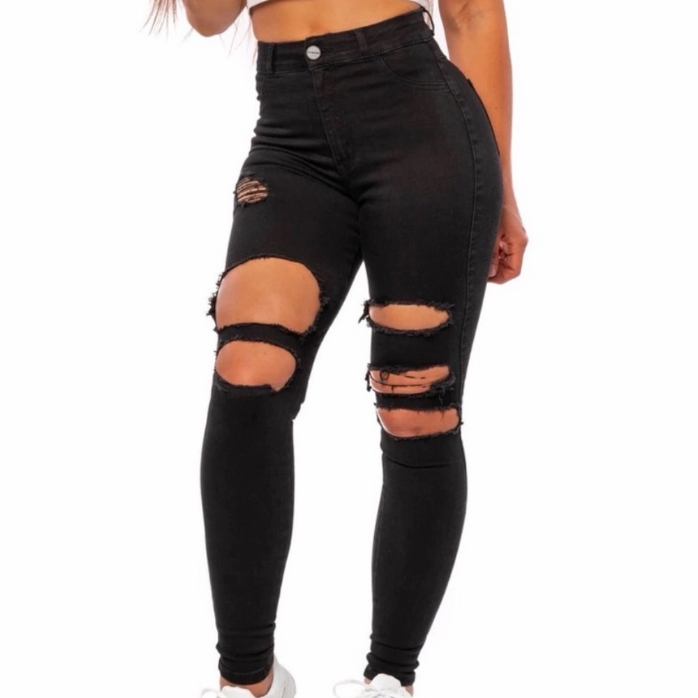 Fit Jeans High-Waisted Black Distressed Jeans